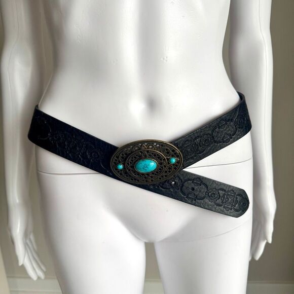 Vintage Y2K Fossil Western Tooled Belt With Turquoise Center Boho Size L - Picture 3 of 12